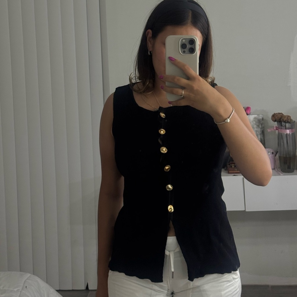 Black Sleeveless Top with Gold Buttons